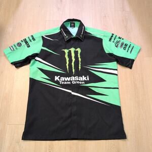 Y2K Monster Kawasaki Race Shirt Men's Large Team Green Biker Motorcycle USA